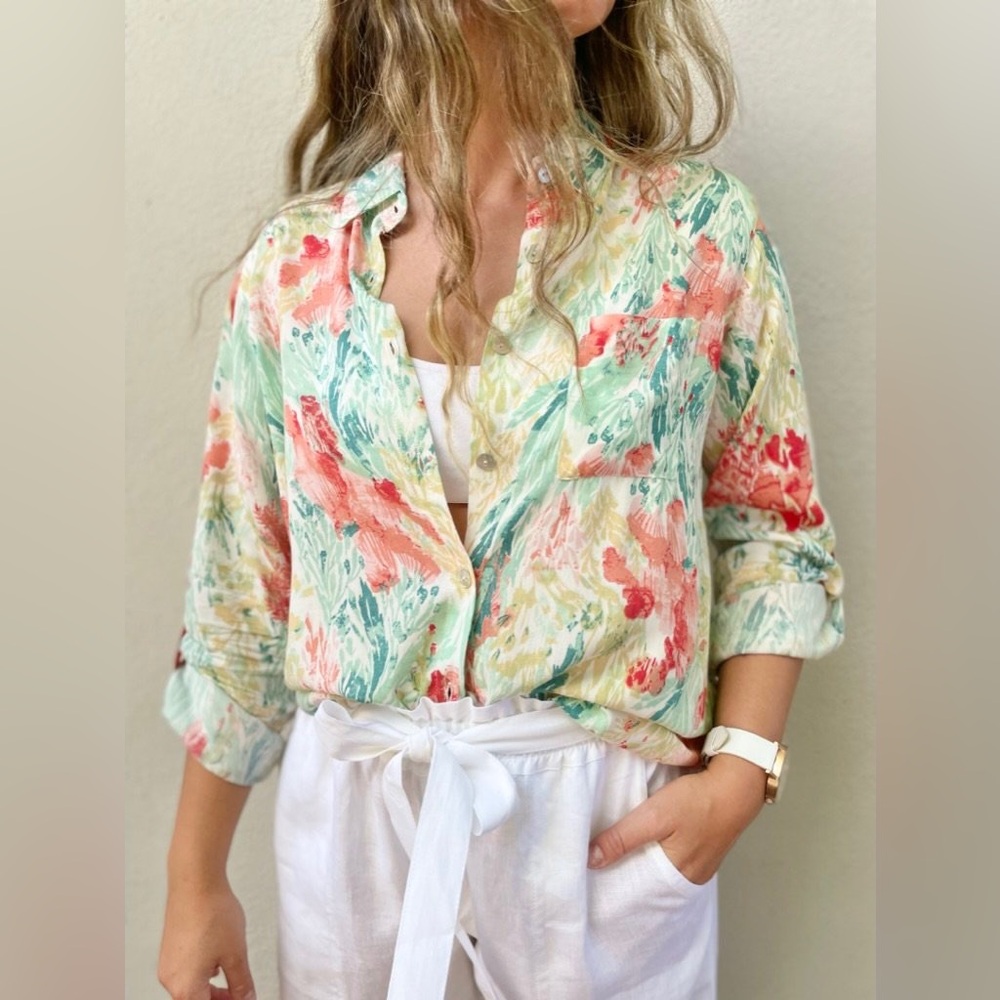 FDJ French Dressing Jeans • Smocked 3/4 Sleeve Button Up Shirt